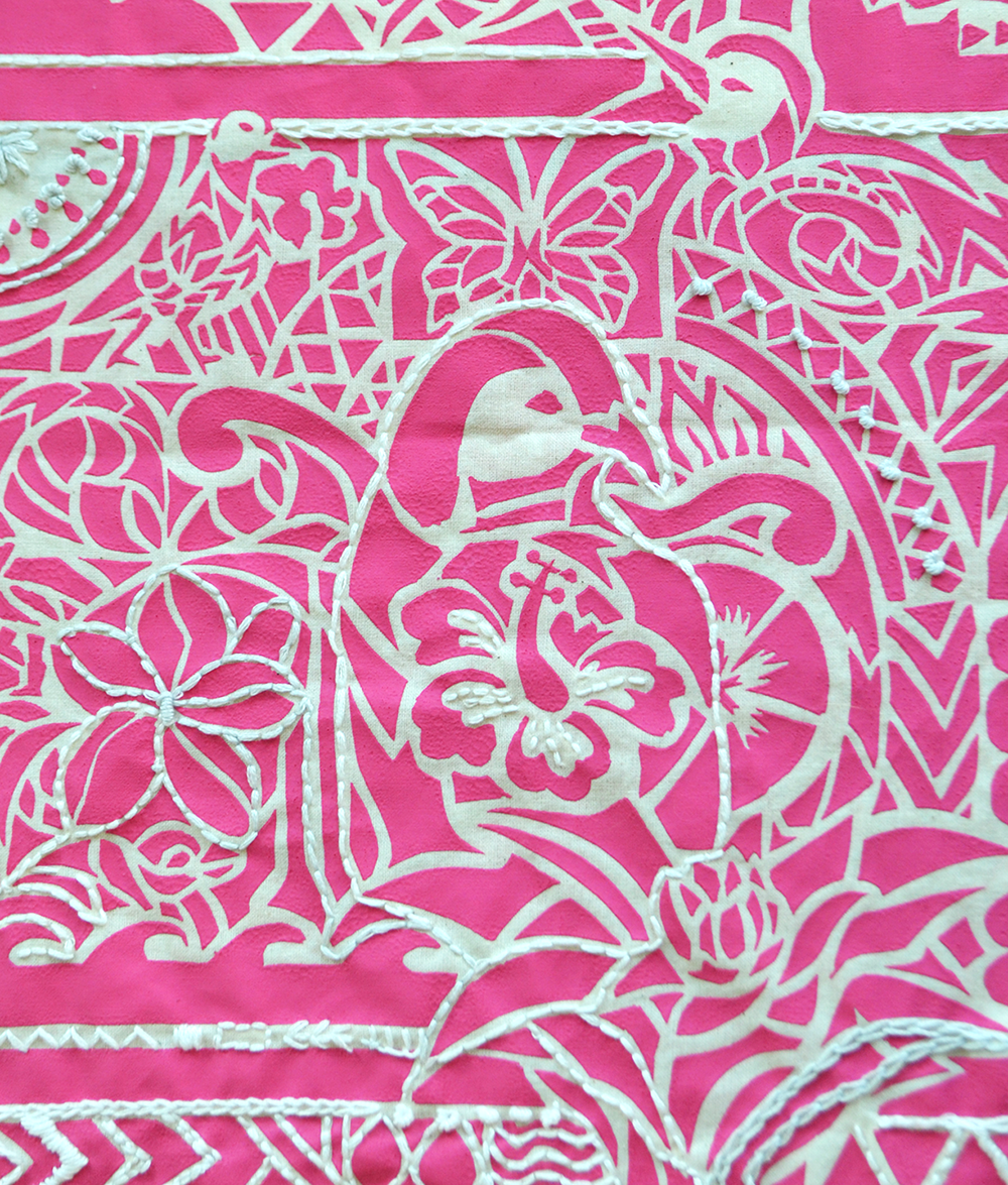 A stencil screen print, complete with embroidery, inspired by Polynesian culture.